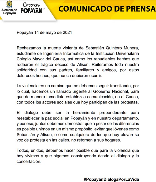 Comunicado de Prensa - Alcaldía de Popayán - Protestas 14M