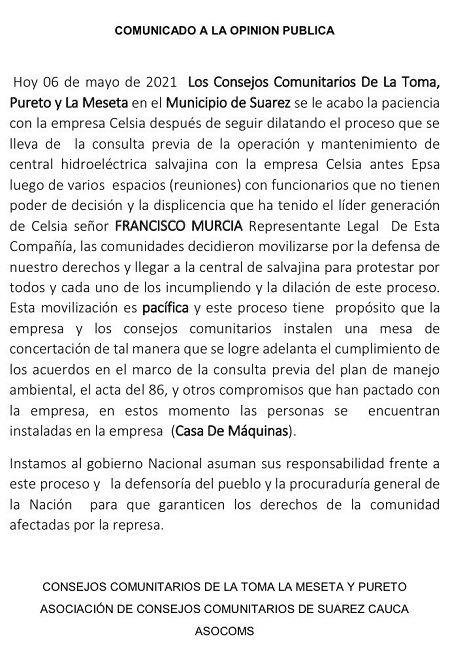 Comunidades afro exigen cumplimiento ambiental a Celsia en La Salvajina Comunidades afro exigen cumplimiento ambiental a Celsia en La Salvajina