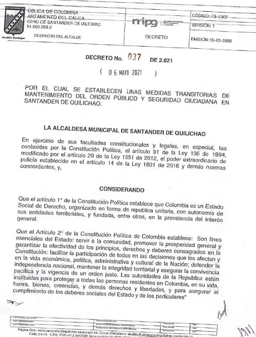 Decretan Toque de Queda y Ley Seca en Santander de Quilichao Decretan Toque de Queda y Ley Seca en Santander de Quilichao