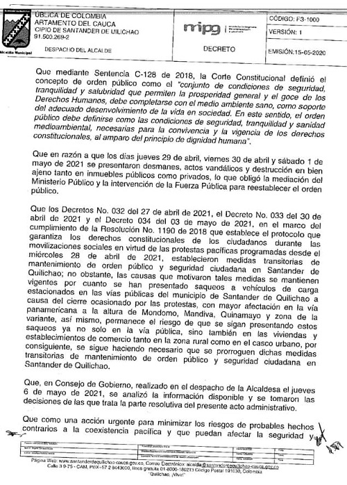 Decretan Toque de Queda y Ley Seca en Santander de Quilichao Decretan Toque de Queda y Ley Seca en Santander de Quilichao