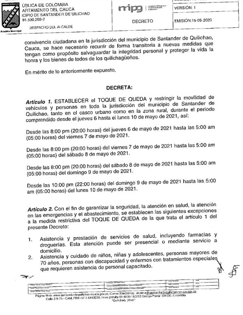 Decretan Toque de Queda y Ley Seca en Santander de Quilichao Decretan Toque de Queda y Ley Seca en Santander de Quilichao