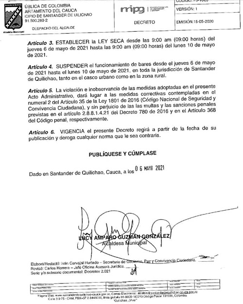 Decretan Toque de Queda y Ley Seca en Santander de Quilichao