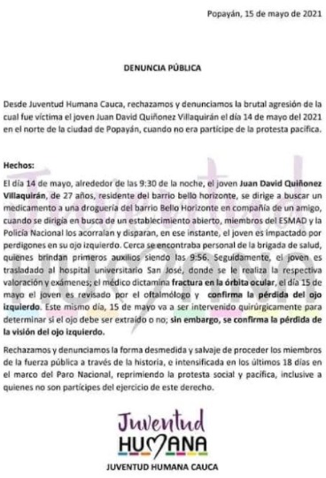 Denuncia Pública Juventud Humana Cauca