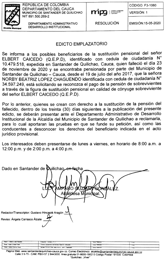 Atención a este Edicto Emplazatorio Santander de Quilichao Atención a este Edicto Emplazatorio Santander de Quilichao