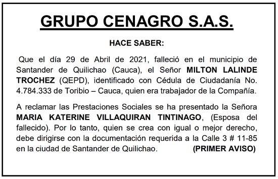 Edicto Grupo Cenagro SAS - Milton Lalinde Tróchez - Santander de Quilichao