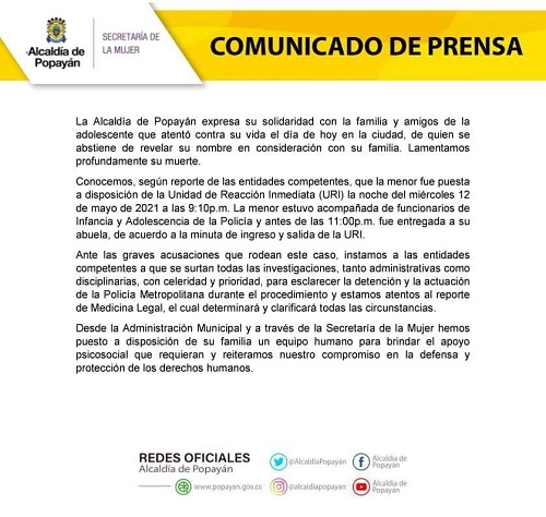 Joven se habría suicidado luego de ser ultrajada por el ESMAD - Comunicado Alcaldía de Popayán Joven se habría suicidado luego de ser ultrajada por el ESMAD - Comunicado Alcaldía de Popayán
