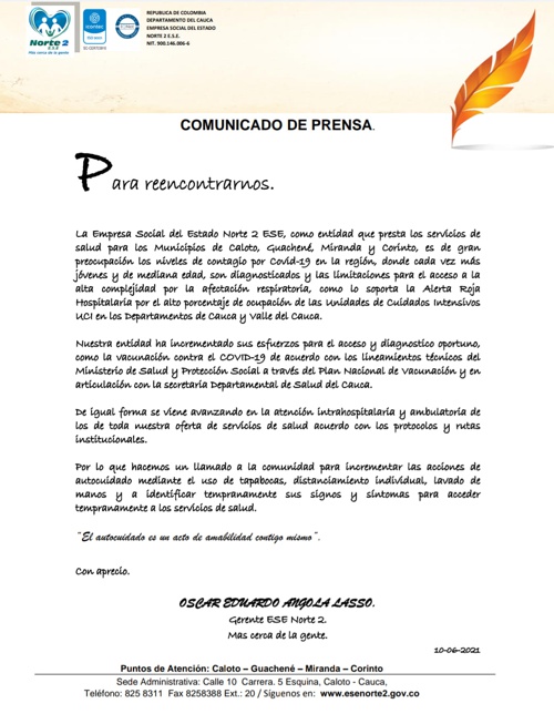 Comunicado de prensa - ESE Norte 2 - Óscar Eduardo Angola Lasso