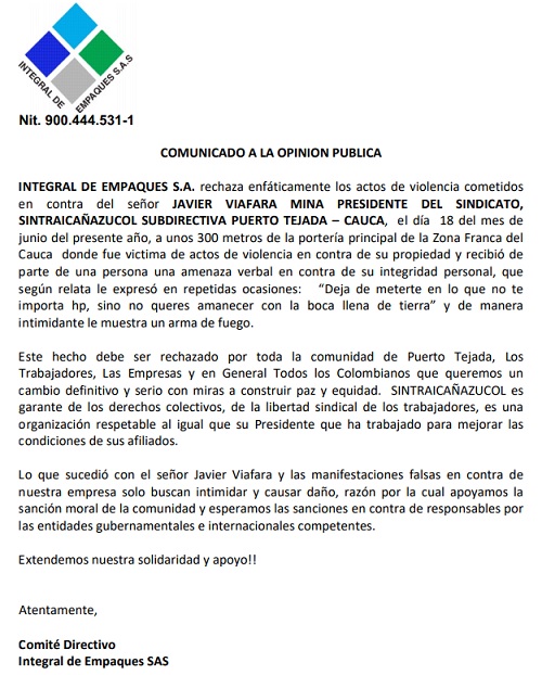 Integral de Empaques rechaza amenazas contra líder sindical en Puerto Tejada
