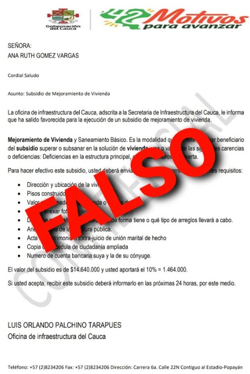 Secretaría de Infraestructura del Cauca desmiente comunicado sobre subsidio de mejoramiento de vivienda Secretaría de Infraestructura del Cauca desmiente comunicado sobre subsidio de mejoramiento de vivienda