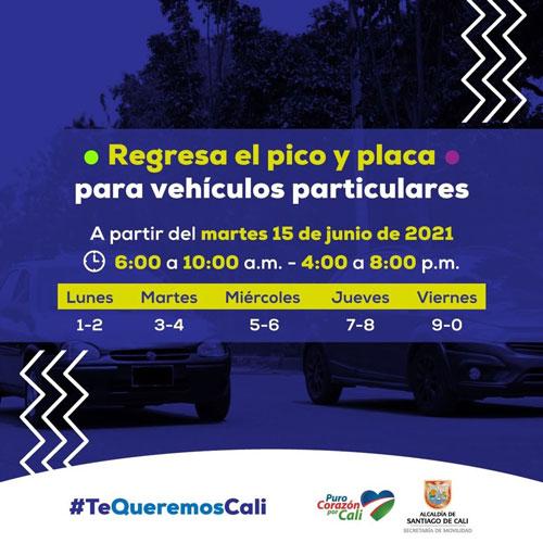 Volverá a regir pico y placa en la ciudad de Cali desde el 15 de junio