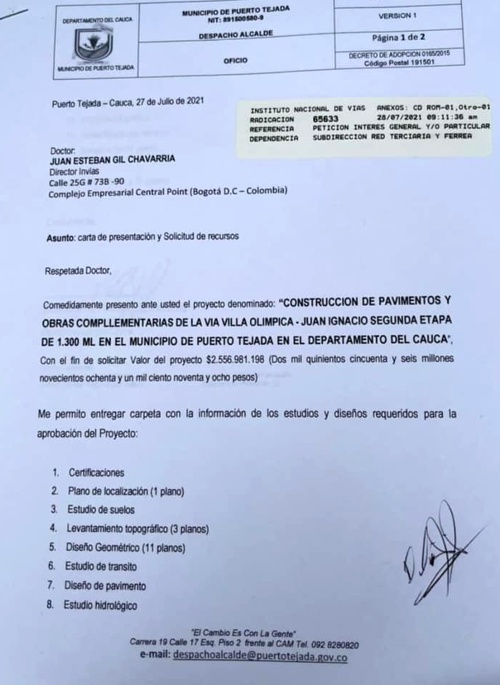 Pavimentación vía Villa Olímpica-Juan Ignacio - cada vez más cerca en Puerto Tejada Pavimentación vía Villa Olímpica-Juan Ignacio - cada vez más cerca en Puerto Tejada