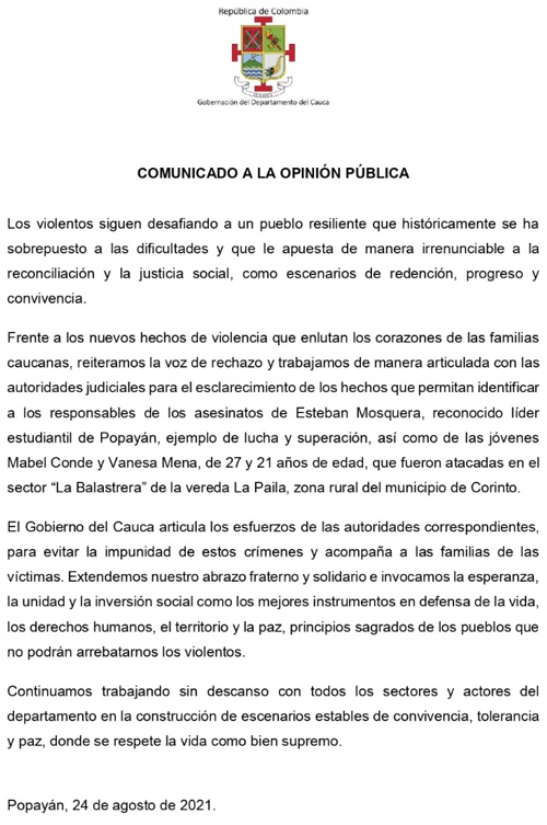 Comunicado a la opinión pública de la Gobernación del Cauca sobre el asesinato de Esteban Mosquera en Popayán