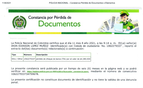 Constancia Pérdida de Documentos Jhon Edison Muñoz