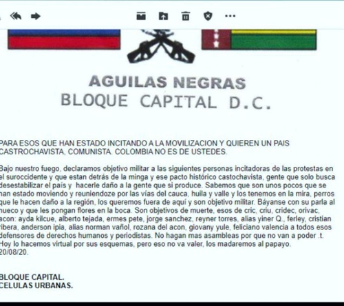 Reaparecen “Águilas Negras” amenazando a líderes sociales y periodistas