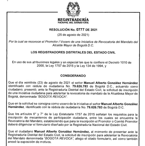 Registraduría reconoció iniciativa de revocatoria de mandato de Claudia López. Registraduría reconoció iniciativa de revocatoria de mandato de Claudia López.