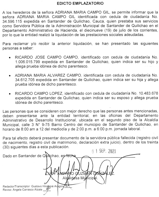 Edicto Fallecimiento Adriana María Campo en Santander de Quilichao Edicto Fallecimiento Adriana María Campo en Santander de Quilichao