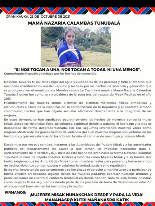 Repudian asesinato de otra indígena misak