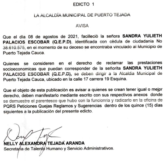 Edicto Fallecimiento de Sandra Yulieth Palacios Escobar, en Puerto Tejada