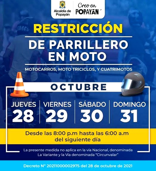 Se prohíbe el parrillero durante 4 noches en Popayán