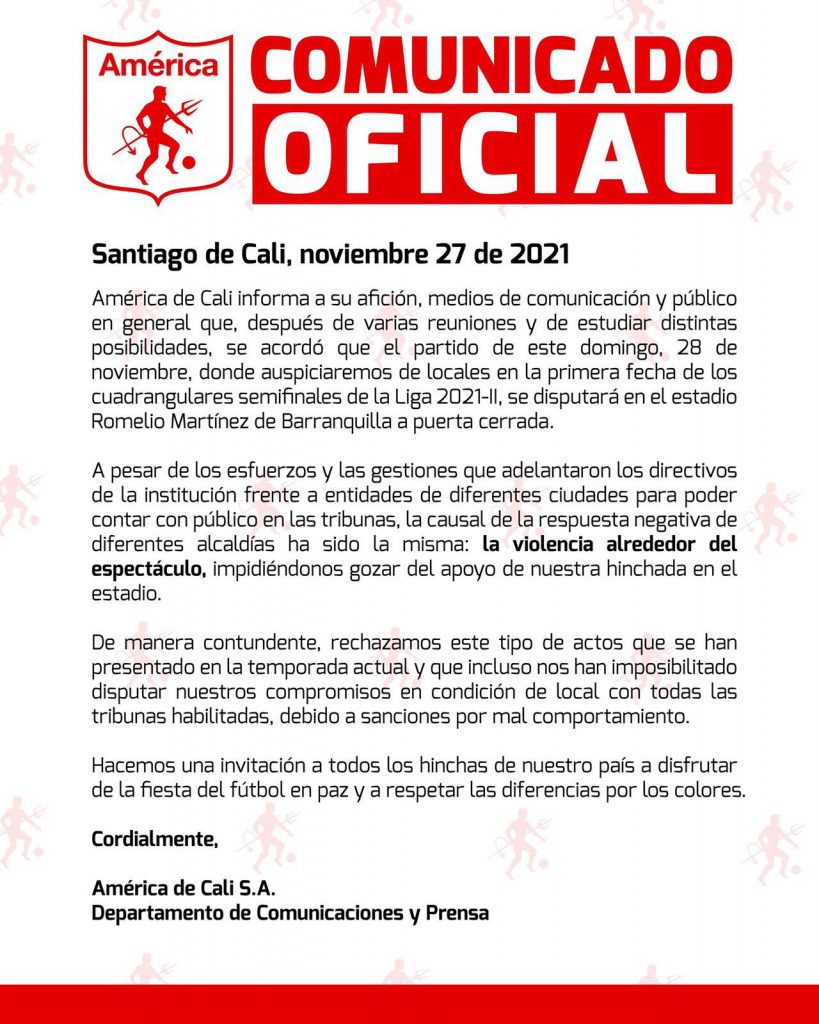 Comunicado América de Cali Comunicado América de Cali