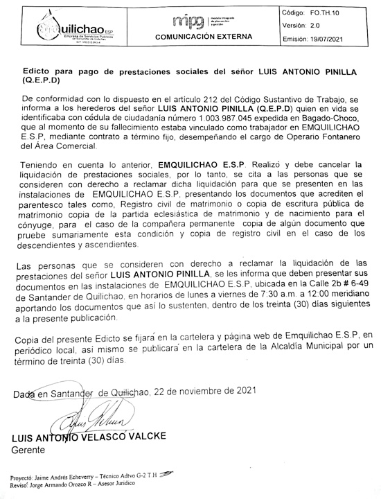 Edicto fallecimiento Luis Antonio Pinilla - Emquilichao ESP
