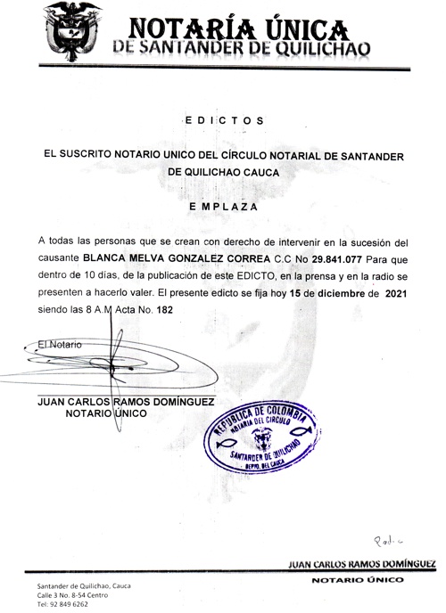 Atención al siguiente edicto Santander de Quilichao