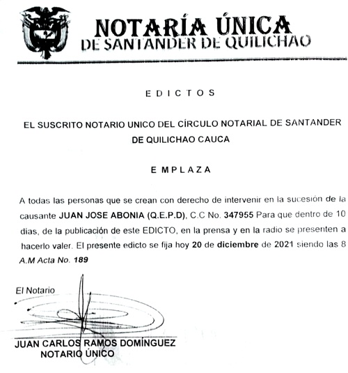Edicto Juan José Abonía Q.E.P.D.