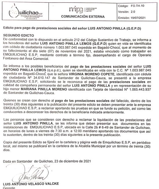 Edicto para el pago de prestaciones sociales del señor LUIS ANTONIO PINILLA (Q.E.P.D)