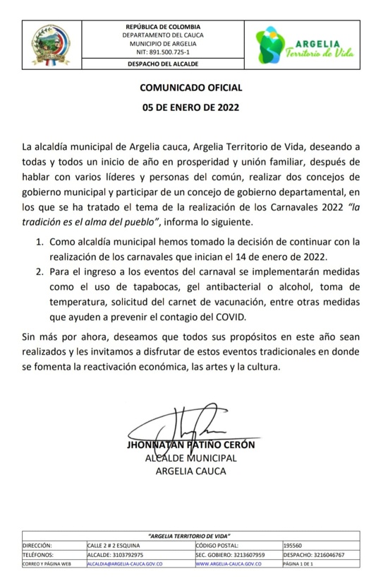 Argelia – Cauca sí realizará sus Carnavales de Negros y Blancos Argelia – Cauca sí realizará sus Carnavales de Negros y Blancos