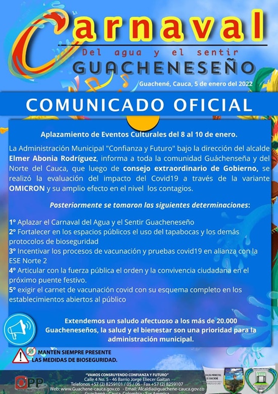 En Guachené también cancelaron Carnavales de Negros y Blancos