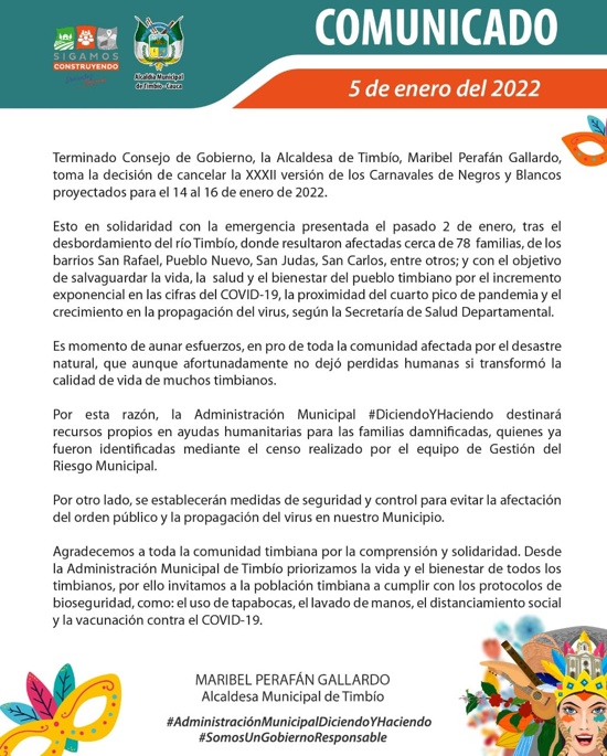 En Timbío también cancelaron Carnavales de Negros y Blancos