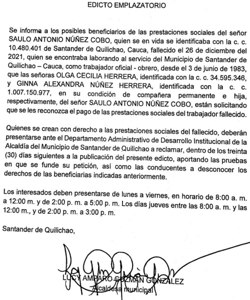EDICTO EMPLAZATORIO SAULO ANTONIO NÚÑEZ COBO - ALCALDÍA DE SANTANDER DE QUILICHAO