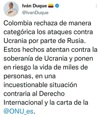 Trino del presidente de Colombia Iván Duque sobre situación en Ucrania Trino del presidente de Colombia Iván Duque sobre situación en Ucrania