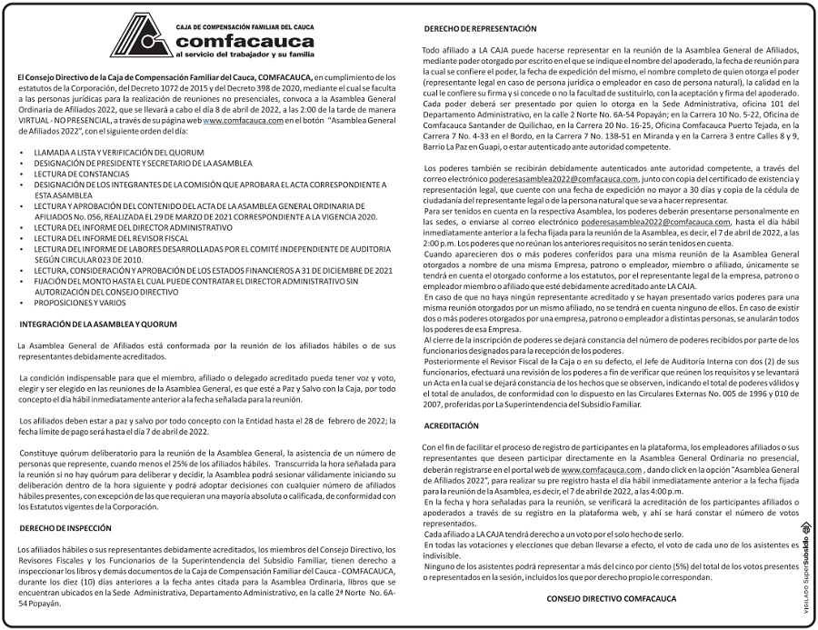 Edicto - Convocatoria Asamblea General de Afiliados 2022 - Comfacauca
