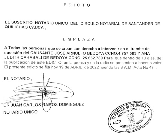 Edicto Sucesión José Arnulfo Bedoya y Ana Judith Carabalí de Bedoya - Santander de Quilichao