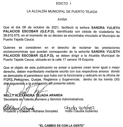 Edicto fallecimiento de la señora Sandra Yulieth Palacios en Puerto Tejada Edicto fallecimiento de la señora Sandra Yulieth Palacios en Puerto Tejada