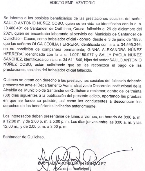 Edicto Emplazatorio Saulo Antonio Núñez Cobo - Municipio de Santander de Quilichao