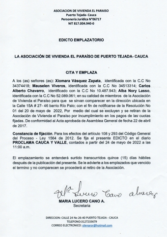 Edicto Asociación Vivienda Puerto Tejada
