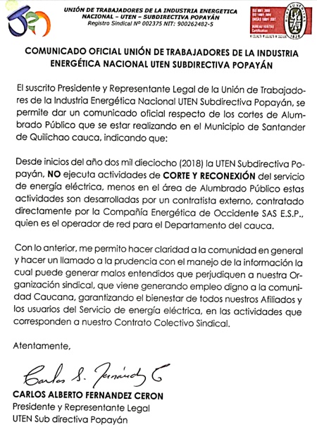 UTEN no realiza cortes de alumbrado público en Santander de Quilichao UTEN no realiza cortes de alumbrado público en Santander de Quilichao