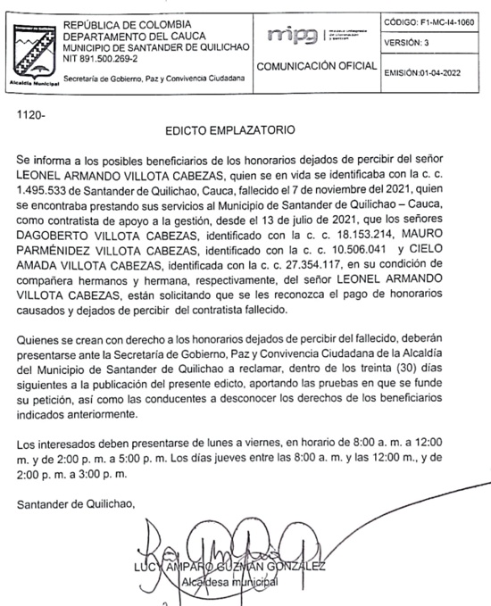 Edicto Emplazatorio - Leonel Armando Villota