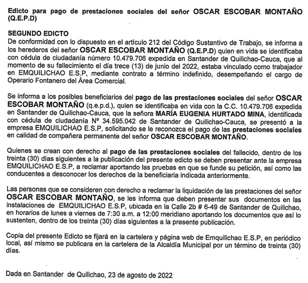 Atención al siguiente edicto para pago de prestaciones sociales del señor OSCAR ESCOBAR MONTAÑO - QEPD