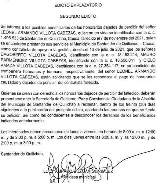 Edicto Leonel Armando Villota Cabezas - Santander de Quilichao Edicto Leonel Armando Villota Cabezas - Santander de Quilichao