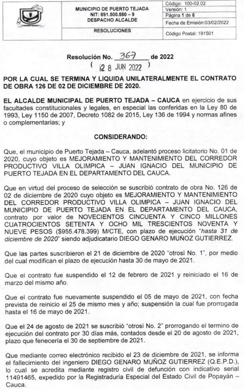 Edicto Terminación de Contrato entre Alcaldía de Puerto Tejada y Diego Genaro Muñoz.