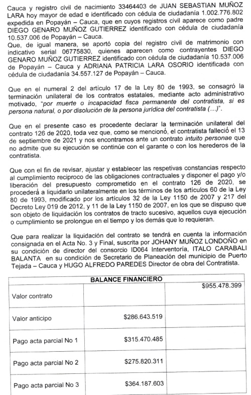 Edicto Terminación de Contrato entre Alcaldía de Puerto Tejada y Diego Genaro Muñoz.