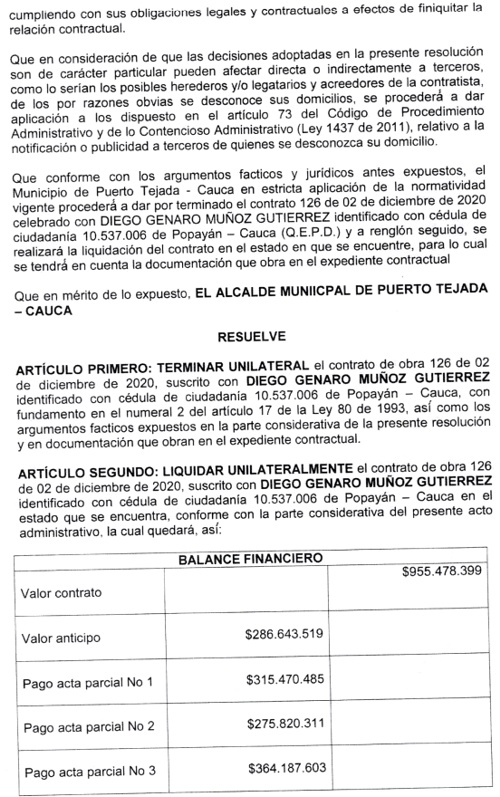 Edicto Terminación de Contrato entre Alcaldía de Puerto Tejada y Diego Genaro Muñoz.