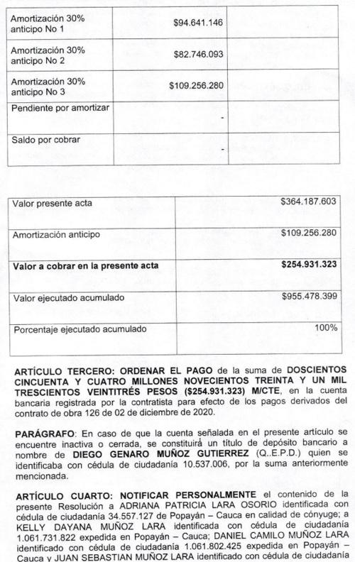 Edicto Terminación de Contrato entre Alcaldía de Puerto Tejada y Diego Genaro Muñoz.