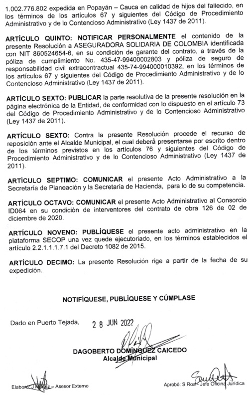 Edicto Terminación de Contrato entre Alcaldía de Puerto Tejada y Diego Genaro Muñoz.