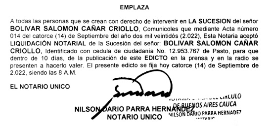 Edicto Sucesión Bolívar Salomón Cañar Criollo - Notaría de Buenos Aires - Cauca
