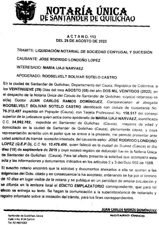 Edicto - Sucesión José Rodrigo Londoño - Notaría Única de Santander de Quilichao