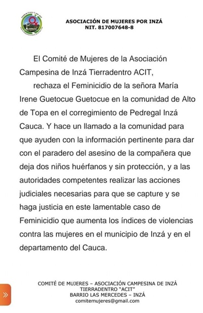 Asociación de Mujeres por Inzá rechaza feminicidio de María Irene Guetocue Asociación de Mujeres por Inzá rechaza feminicidio de María Irene Guetocue